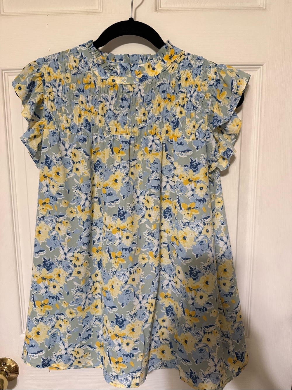 Pleione Blue, Yellow & Green Floral Ruffle Blouse